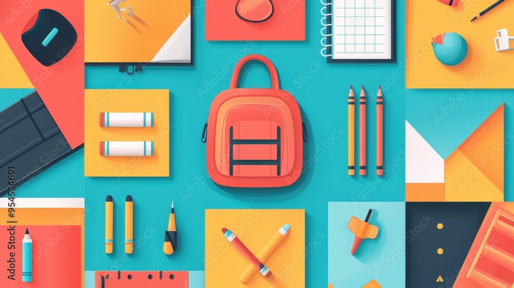 Vibrant Grid Poster Design with School Icons and Blank Sections for Text Vibrant Grid Poster Design with School Icons and Blank Sections for Text