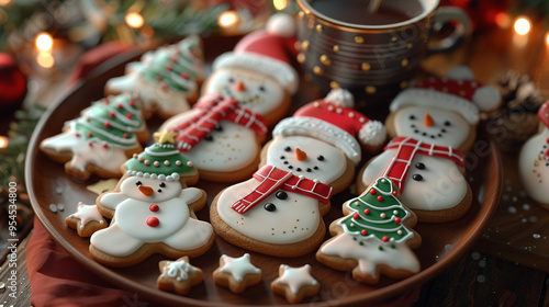 A festive scene with a hot cup of cocoa and a plate of Christmas cookies shaped like stockings, snowmen, and Christmas trees, set on a wooden table.