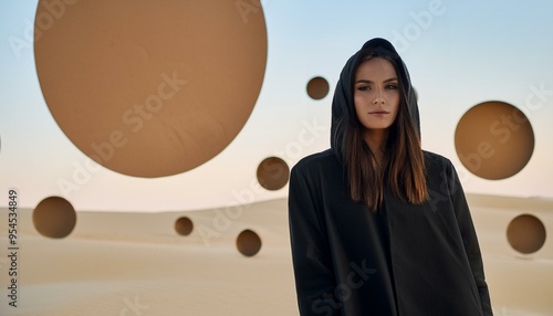 Donna con cappuccio in un deserto 