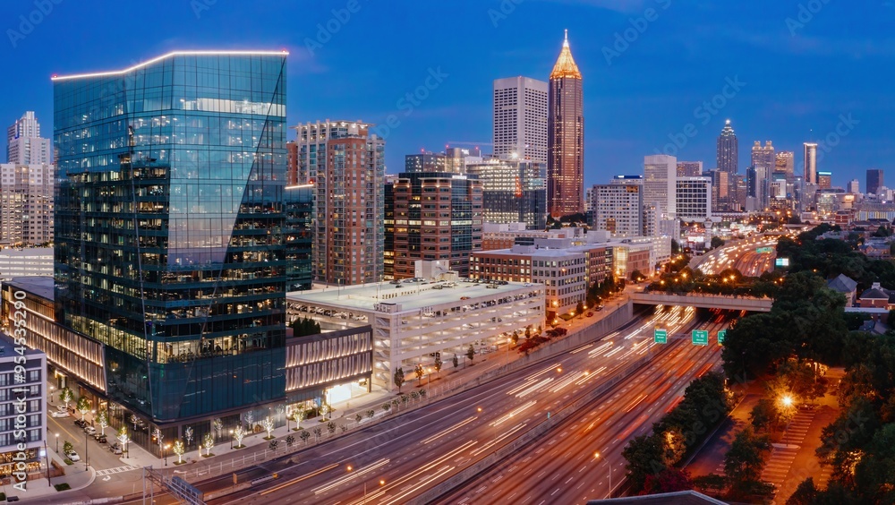 Downtown Atlanta and the Interstate 85 freeway at sunset, Georgia, United States Of America. Downtown Atlanta and the Interstate 85 freeway at sunset, Georgia, United States Of America.