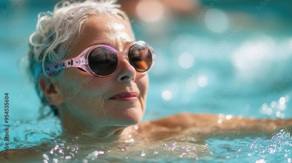 Naklejka premium An elderly woman enjoys a relaxing swim in a pool, showcasing her vibrant personality and stylish swim goggles.