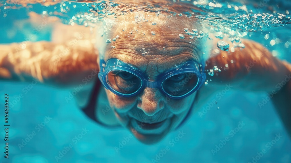 Fototapeta premium Closeup of an elderly woman swimming with determination in a lap pool, vibrant colors
