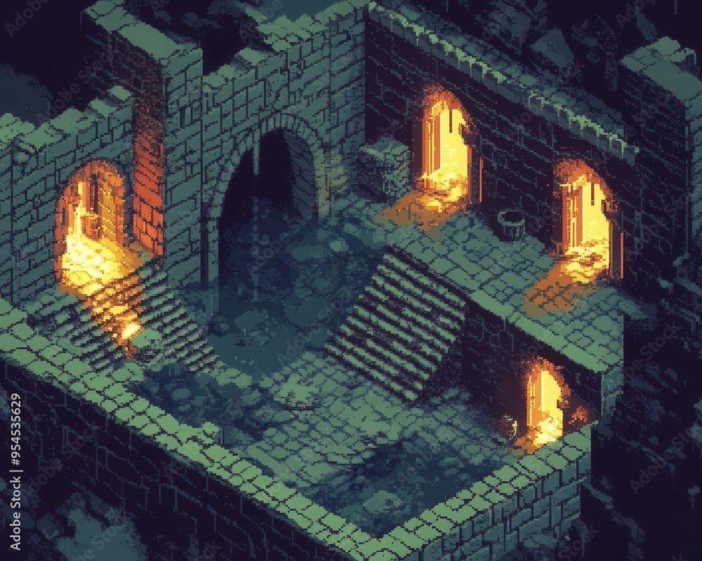 Obraz premium 8bit isometric dungeon, pixel art, detailed with retro aesthetics