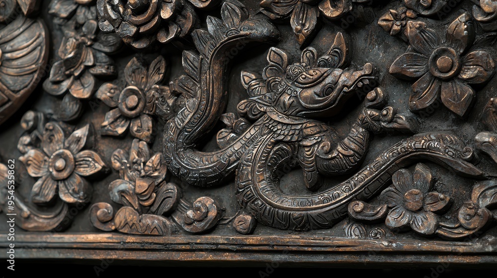 Intricate Wooden Carving of a Dragon and Floral Motifs Intricate Wooden Carving of a Dragon and Floral Motifs