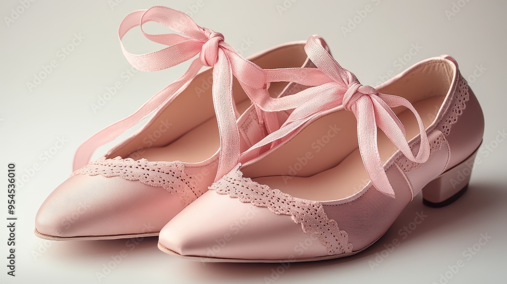 Obraz premium Pink Satin Shoes with Bow and Lace Detail