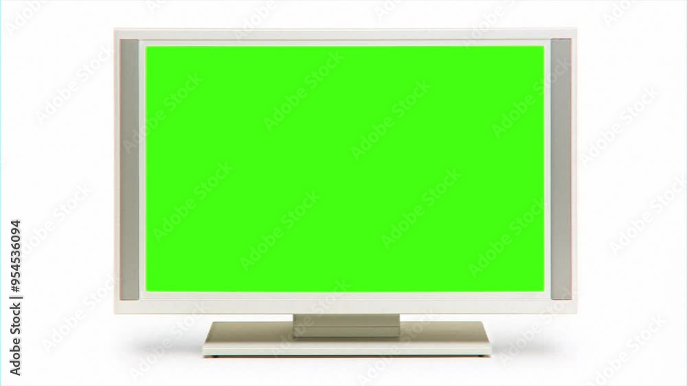 A contemporary white flat-screen TV with a green screen for chroma keying, isolated on a white background. A contemporary white flat-screen TV with a green screen for chroma keying, isolated on a white background.