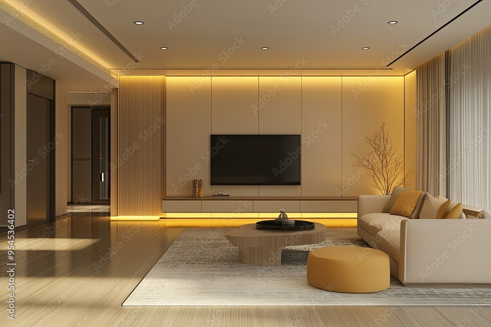 modern yellow wood TV cabinet with ivory wall panels and glowing wooden floor modern yellow wood TV cabinet with ivory wall panels and glowing wooden floor