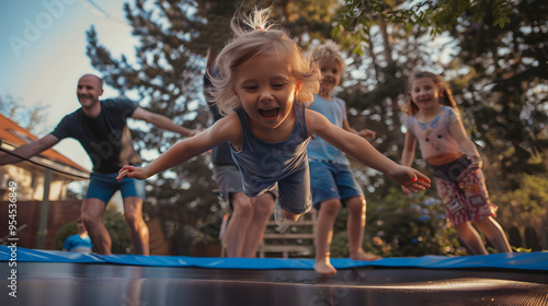 A family having fun on a trampoline in their backyard with children bouncing high and parents cheering. photo