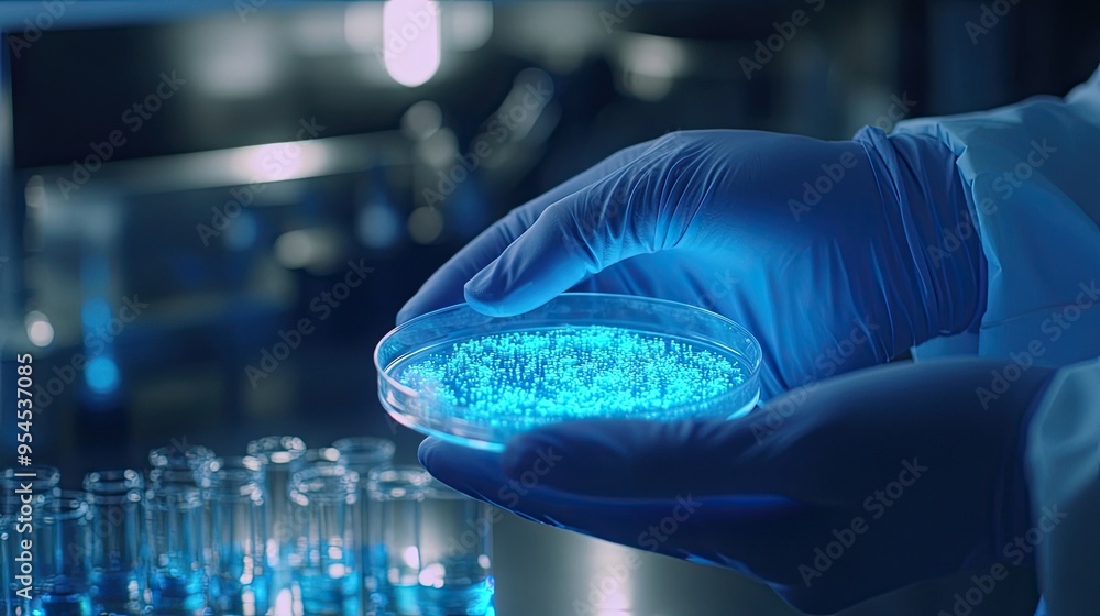 Close-Up of Scientist's Hand Holding Glowing Petri Dish: Represents biotechnology with a scientist's hand holding a glowing petri dish in a lab setting. Close-Up of Scientist's Hand Holding Glowing Petri Dish: Represents biotechnology with a scientist's hand holding a glowing petri dish in a lab setting.