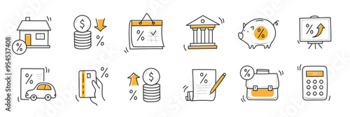 Loan interest rate doodle icon set. Hand drawn sketch doodle line style bank money loan interest rate icon for house, car discount percentage concept. Trendy cute element. Vector illustration