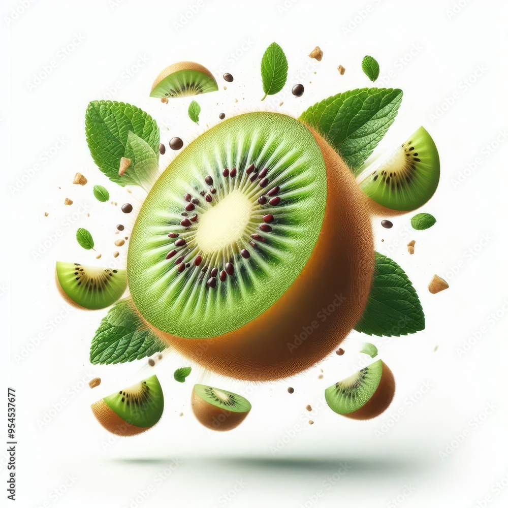 Fototapeta premium Falling kiwi isolated on white background, full depth of field 