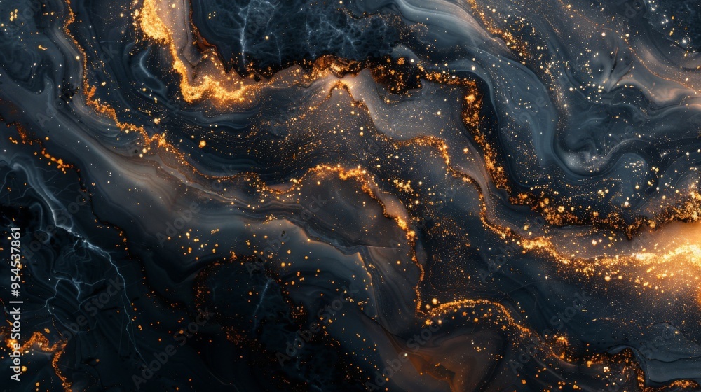 A glossy jet abstract black marble canvas with gold dust and glitter paths. A glossy jet abstract black marble canvas with gold dust and glitter paths.