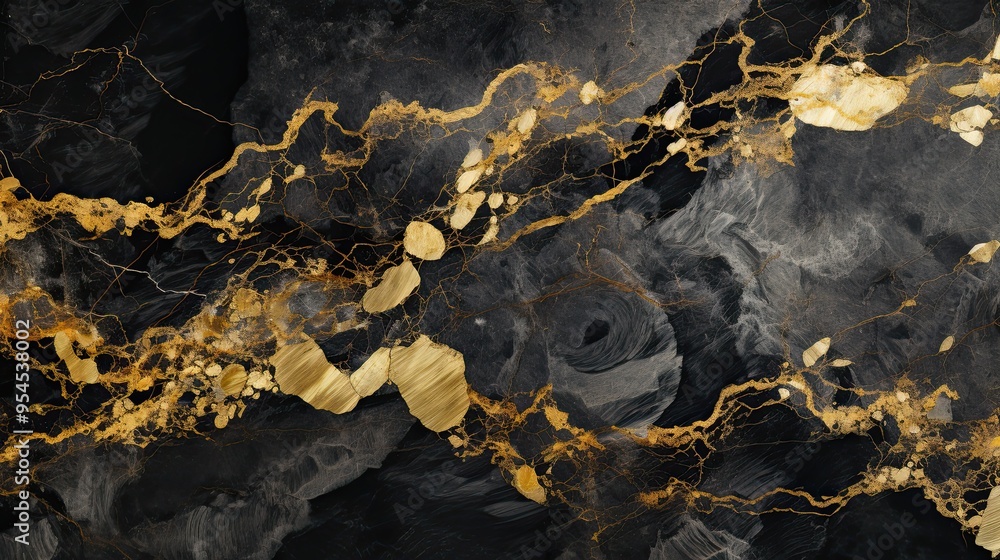 Black marble with reflective golden veins and paths creating a striking contrast detailed in texture. Black marble with reflective golden veins and paths creating a striking contrast detailed in texture.
