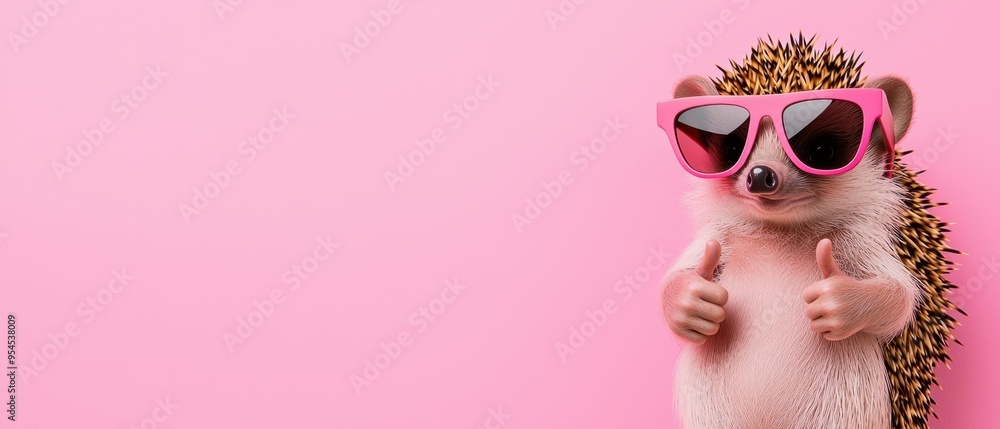 A cute hedgehog wearing pink sunglasses, giving a thumbs up, against a vibrant pink background, perfect for fun and playful themes. A cute hedgehog wearing pink sunglasses, giving a thumbs up, against a vibrant pink background, perfect for fun and playful themes.
