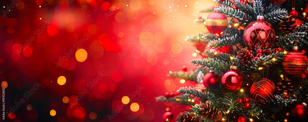 Festive Christmas Tree with Red Ornaments and Warm Bokeh Lights on Vibrant Red Background Celebrating Holiday Spirit and Joy Festive Christmas Tree with Red Ornaments and Warm Bokeh Lights on Vibrant Red Background Celebrating Holiday Spirit and Joy