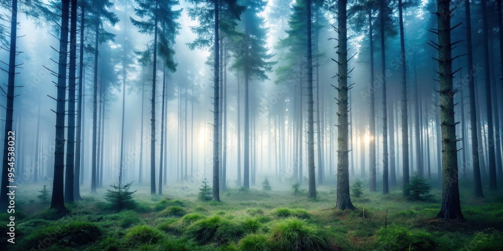 Naklejka premium Mysterious forest shrouded in fog, forest, fog, misty, trees, nature, spooky, eerie, atmosphere, eerie, enchanting, ethereal