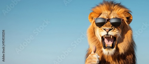 A lion wearing sunglasses, enjoying the outdoors. This playful image captures the majestic animal in a fun and whimsical way.