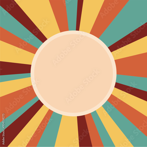 Vintage 70s disco vinyl record cover template square vector illustration with stripes in retro beige, orange, teal and brown colors. Abstract rainbow background with circle round frame for copy space