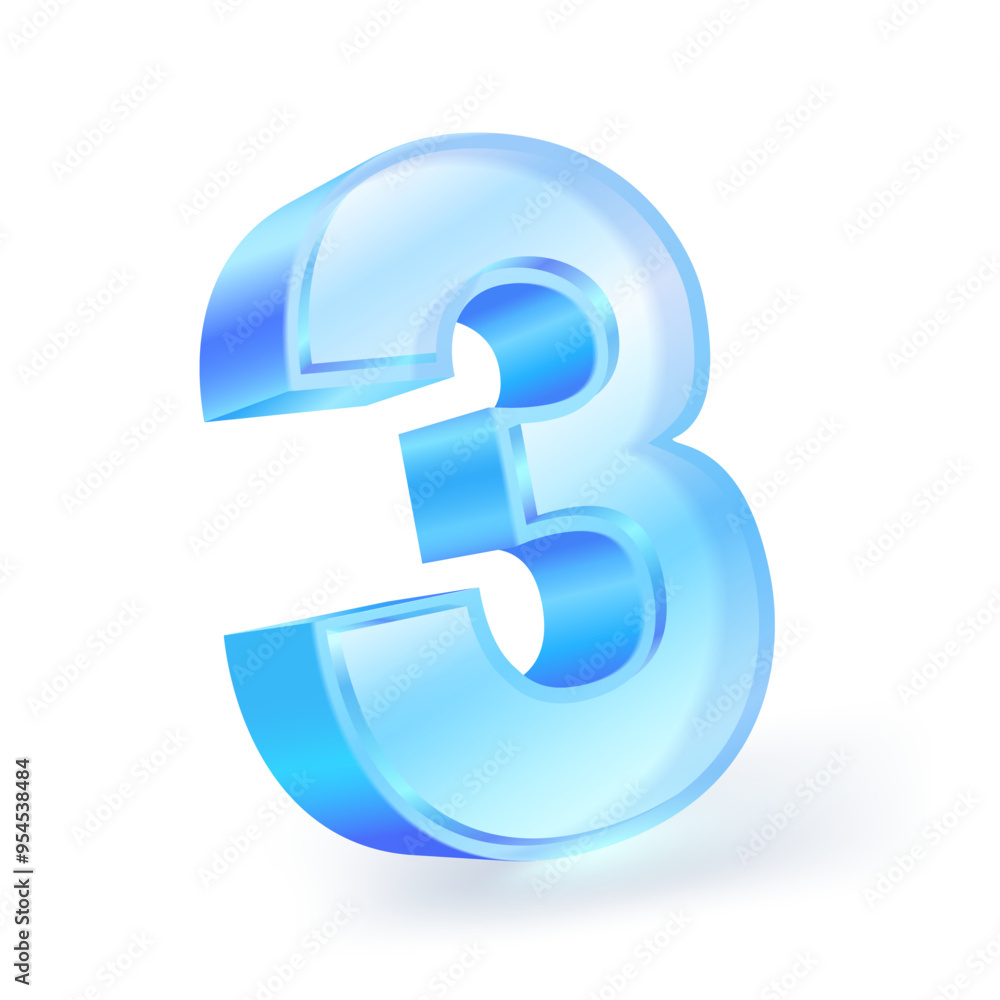 Number 3 Color and material of blue clear glass. Vector illustration for advertising for graphic designers. Isolated on white background. Number 3 Color and material of blue clear glass. Vector illustration for advertising for graphic designers. Isolated on white background.