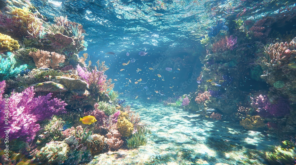 Naklejka premium Underwater Coral Reef with Colorful Fish and Sunbeams