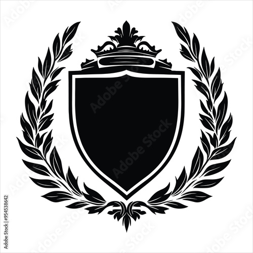 A black and white heraldic shield with a crown and laurel wreath