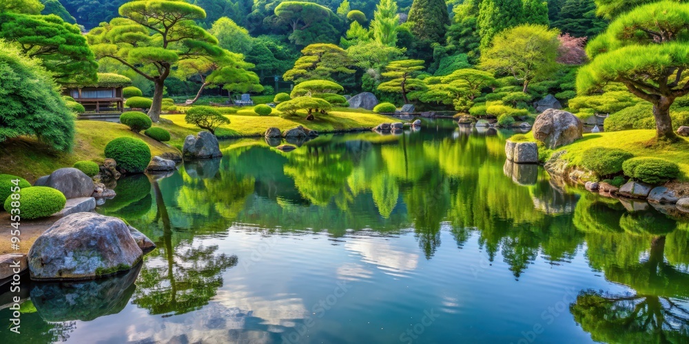 Tranquil Japanese garden with a stunning reflection of trees in a serene pond , tropical forest, water, park, garden, lake, nature Tranquil Japanese garden with a stunning reflection of trees in a serene pond , tropical forest, water, park, garden, lake, nature