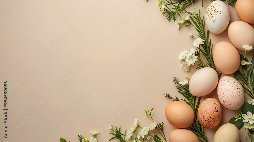 A flat lay of Easter eggs and fresh greenery arranged in a crescent shape on a beige background, with a wide, clear area of copy space in the center. . A flat lay of Easter eggs and fresh greenery arranged in a crescent shape on a beige background, with a wide, clear area of copy space in the center. .