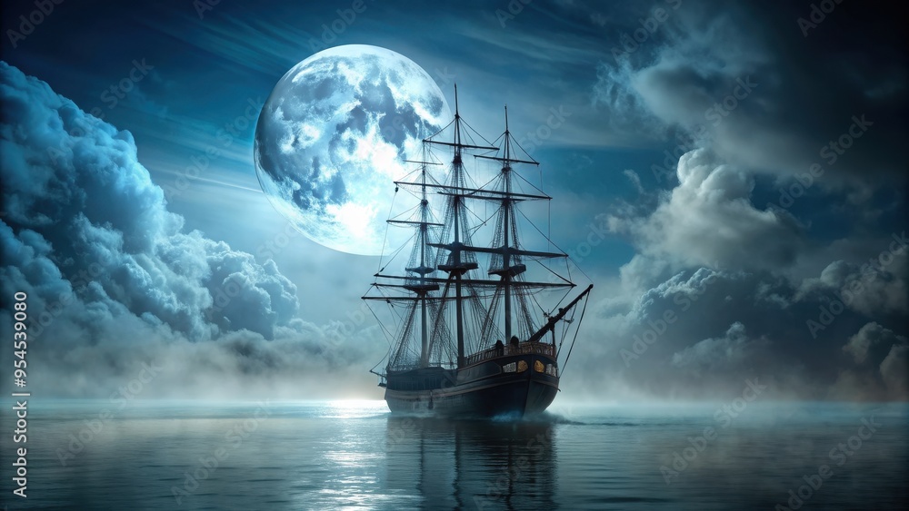 Ghost ship sailing through misty waters at night under a full moon, ghost ship, haunted, eerie, spooky, misty Ghost ship sailing through misty waters at night under a full moon, ghost ship, haunted, eerie, spooky, misty