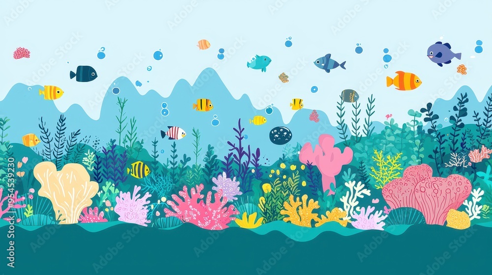Naklejka premium Underwater Sea Life with Colorful Fish and Coral Reef Illustration