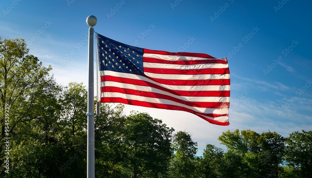 Waving American flag with trees in the background. Waving American flag with trees in the background.