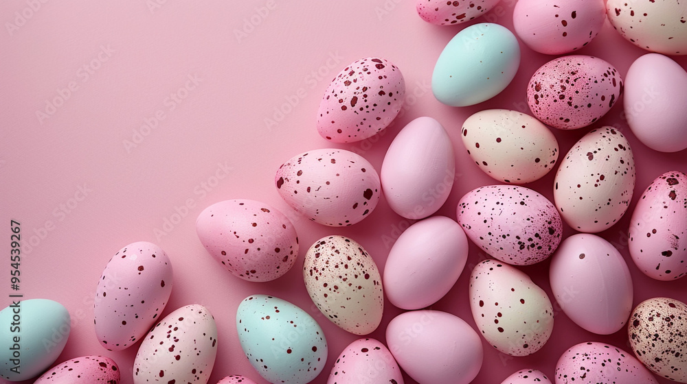 A flat lay of speckled Easter eggs arranged in a loose, organic pattern on a pastel pink background, with a large area of copy space in the top half. . A flat lay of speckled Easter eggs arranged in a loose, organic pattern on a pastel pink background, with a large area of copy space in the top half. .