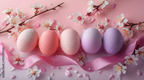 A flat lay of pastel-colored Easter eggs arranged in a gradient pattern, from light pinks to deep purples, with delicate ribbons and small blossoms scattered around them. .