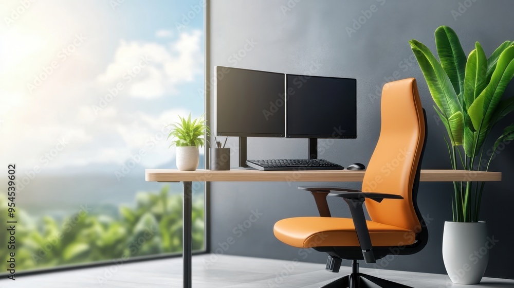 Fototapeta premium Modern Ergonomic Home Office Setup with Dual Monitors, Wireless Mouse, and Comfortable Chair, Copy Space Available