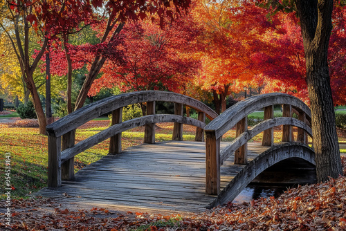 A wooden bridge arches over a serene waterway, surrounded by vibrant autumn foliage in warm hues.