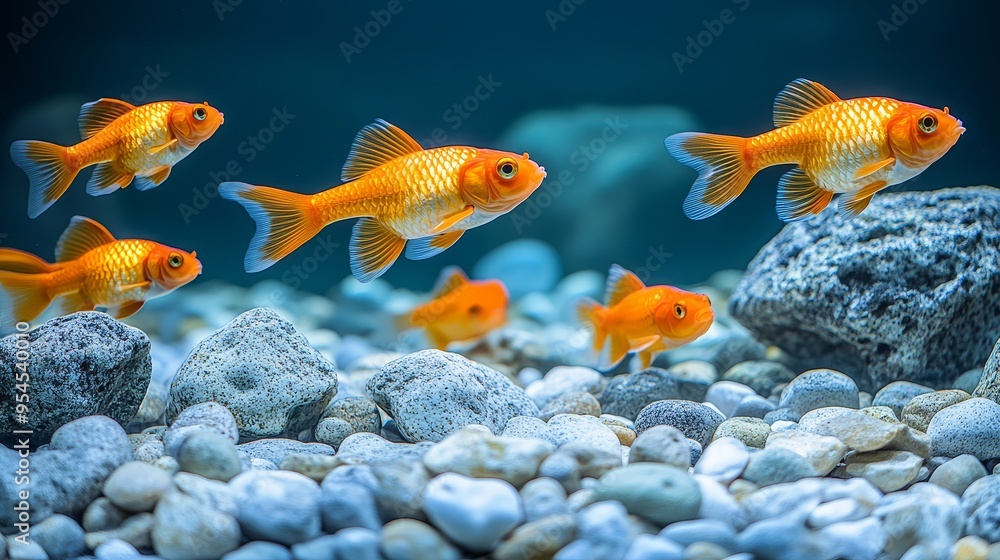 Goldfish Swimming in Aquarium with Rocks Goldfish Swimming in Aquarium with Rocks