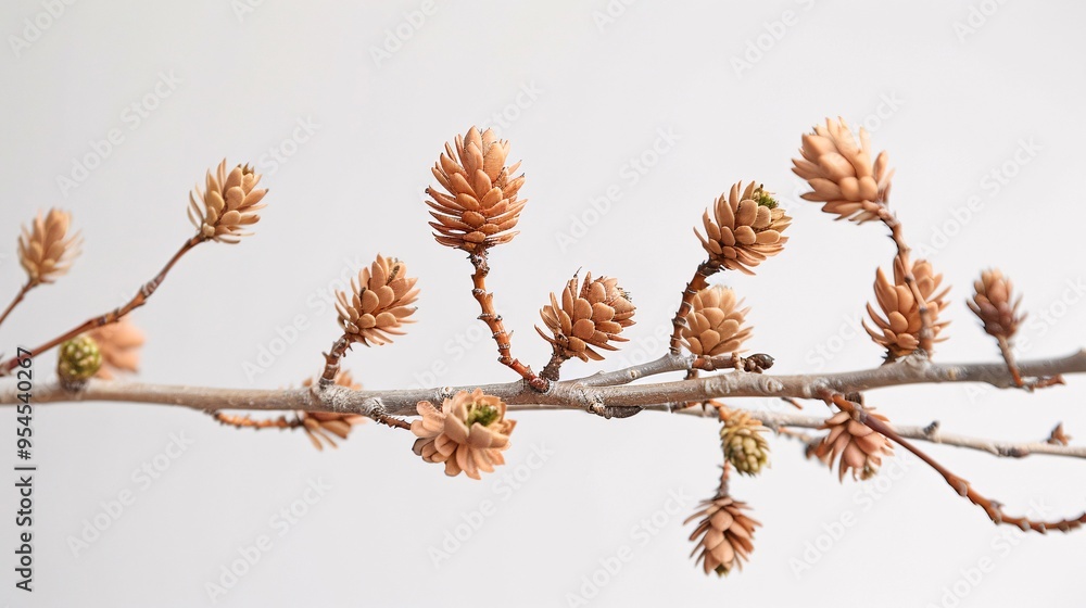 07231249 345. Artistic depiction of Larix Decidua twig with light brown cones and fresh buds, emphasizing the natural elegance of the larch tree, perfect for seasonal wallpaper 07231249 345. Artistic depiction of Larix Decidua twig with light brown cones and fresh buds, emphasizing the natural elegance of the larch tree, perfect for seasonal wallpaper