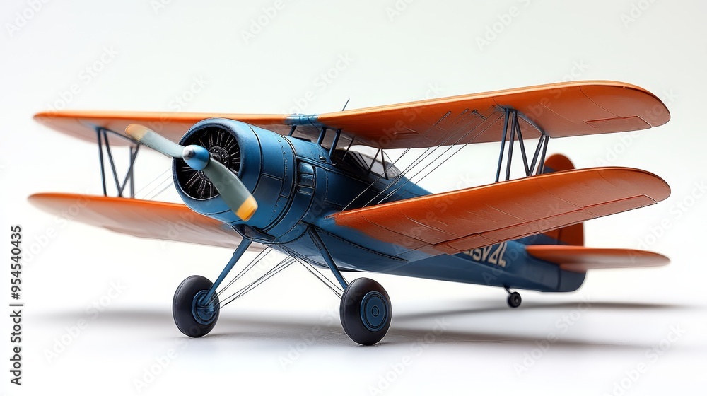 Obraz premium Vintage Biplane Model Airplane with Orange and Blue Paint