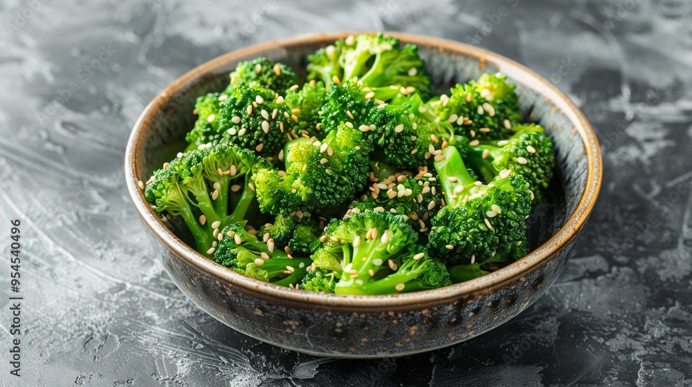 A bowl of steamed broccoli florets with a drizzle of olive oil, sprinkled with sesame seeds, placed on a light grey ceramic plate. The vibrant green color pops against the neutral background. A bowl of steamed broccoli florets with a drizzle of olive oil, sprinkled with sesame seeds, placed on a light grey ceramic plate. The vibrant green color pops against the neutral background.