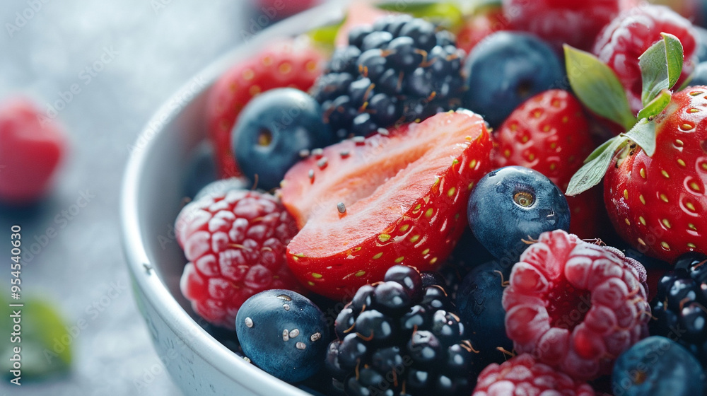A close-up shot of a bowl filled with mixed berries including strawberries, raspberries, and blackberries, with a sprinkle of chia seeds on top. A close-up shot of a bowl filled with mixed berries including strawberries, raspberries, and blackberries, with a sprinkle of chia seeds on top.