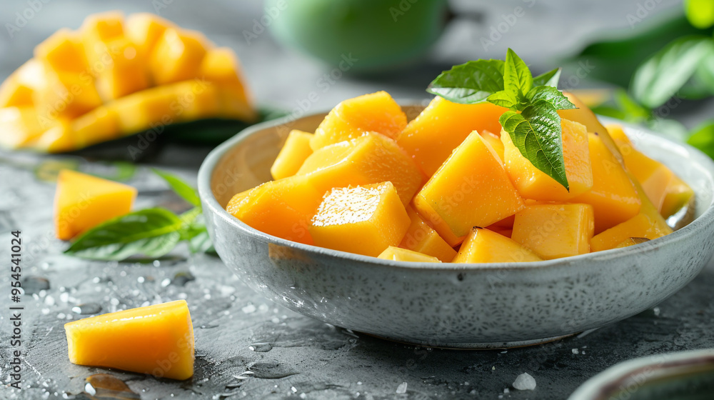 A flat lay of a bowl of diced mango, with a few mango slices arranged neatly on the side, placed on a light grey ceramic plate. A flat lay of a bowl of diced mango, with a few mango slices arranged neatly on the side, placed on a light grey ceramic plate.