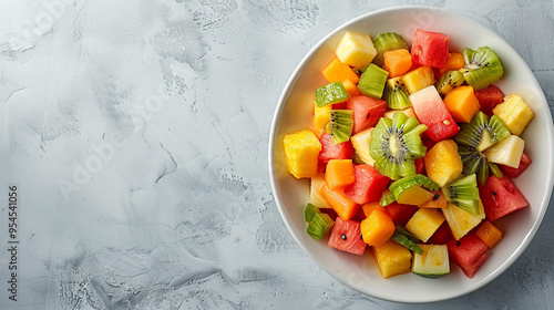 A flat lay of a bowl of fresh fruit salad with watermelon, kiwi, and pineapple, arranged on the right side of a white ceramic plate, leaving plenty of copy space on the left.