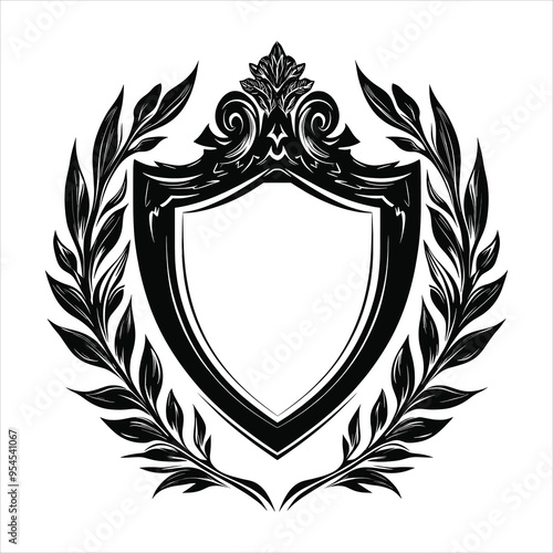 A black and white heraldic shield with a crown and laurel wreath