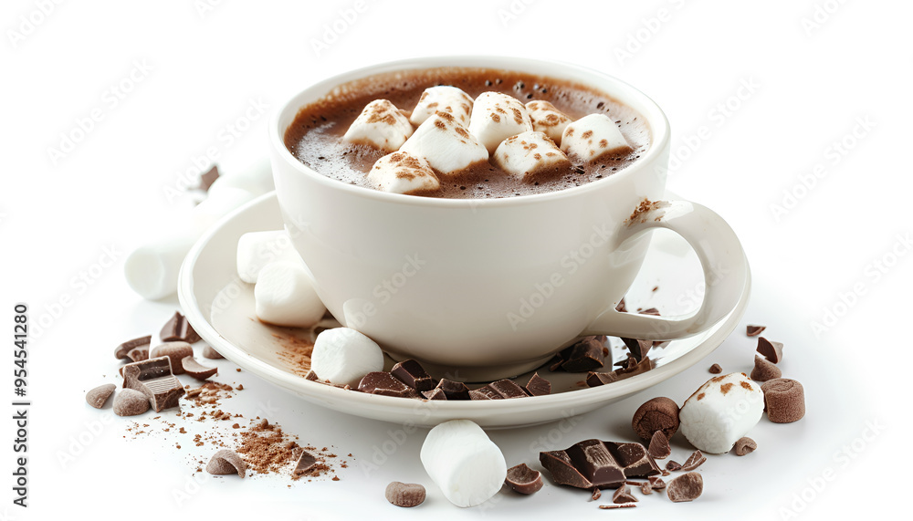 Cup of delicious hot chocolate with marshmallows isolated on white