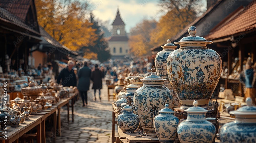 Hand Painted Porcelain Vases on Display at a European Market Hand Painted Porcelain Vases on Display at a European Market