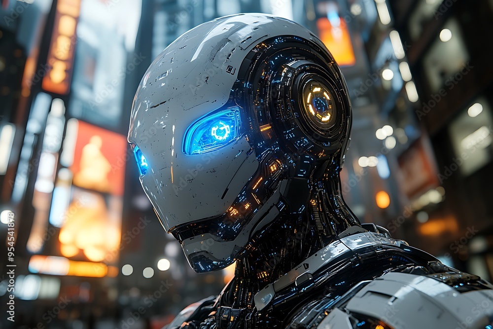 A futuristic humanoid robot with glowing blue eyes in a neon-lit urban setting. A futuristic humanoid robot with glowing blue eyes in a neon-lit urban setting.