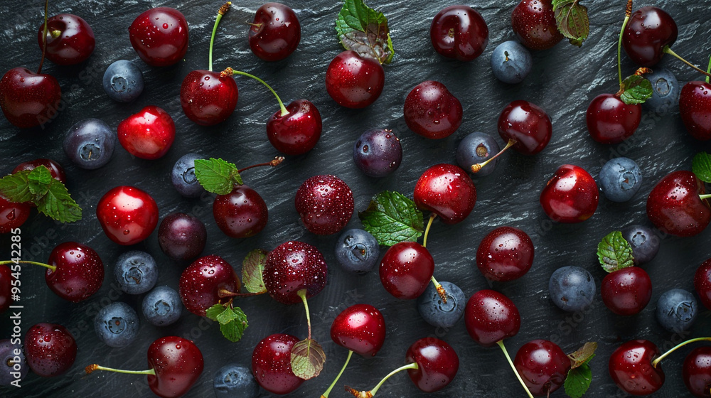 A flat lay of a variety of fresh cherries and grapes spread out evenly on a dark slate surface, with a few mint leaves scattered around for garnish. A flat lay of a variety of fresh cherries and grapes spread out evenly on a dark slate surface, with a few mint leaves scattered around for garnish.