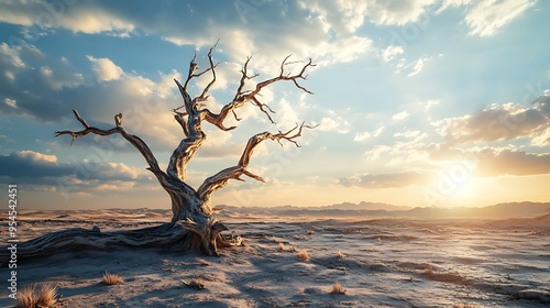 A lone, dead tree stands in a barren desert landscape, its branches reaching towards a bright, cloudy sky. The sun shines through the clouds, casting a warm glow over the scene.