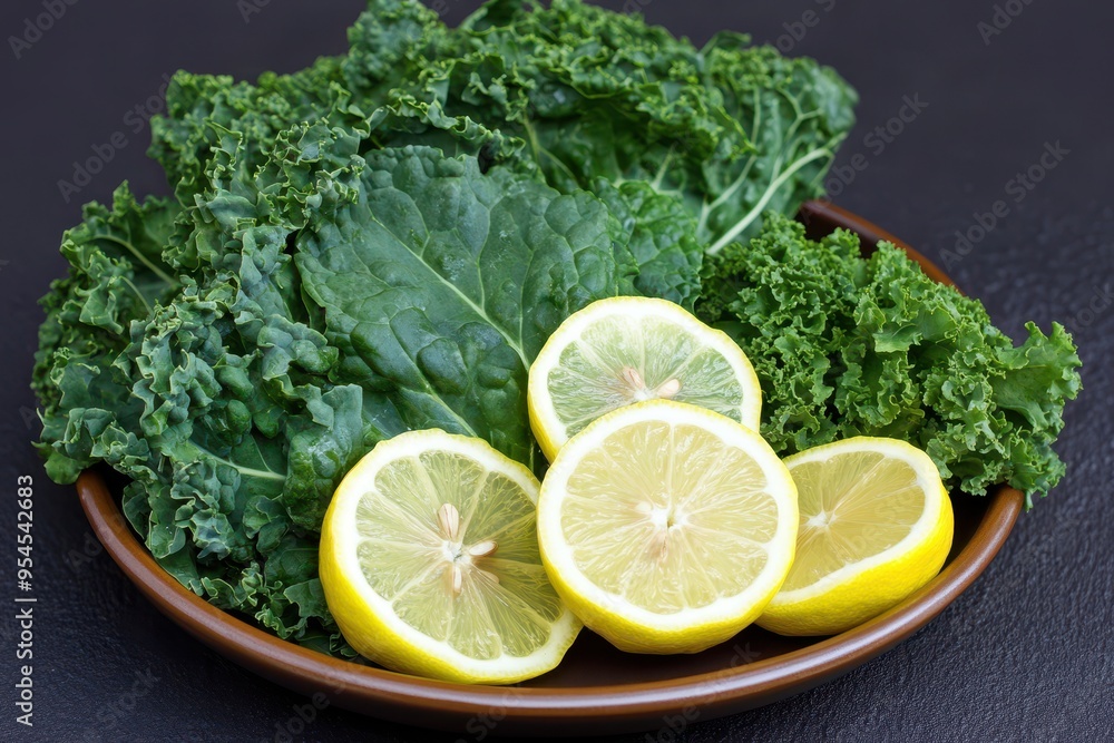 Fresh kale leaves and sliced lemons arranged on a wooden plate, showcasing vibrant colors and healthy ingredients. Fresh kale leaves and sliced lemons arranged on a wooden plate, showcasing vibrant colors and healthy ingredients.