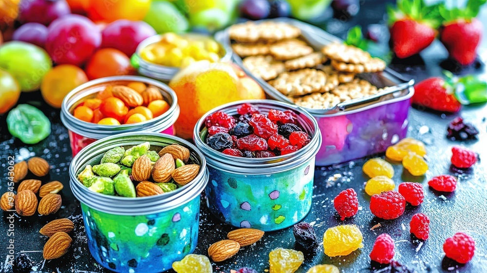 Close-up of a healthy back-to-school lunchbox with snacks like nuts, dried fruit, and whole grain crackers, clean and organized, fresh colors, bright and spacious background, copy space Close-up of a healthy back-to-school lunchbox with snacks like nuts, dried fruit, and whole grain crackers, clean and organized, fresh colors, bright and spacious background, copy space