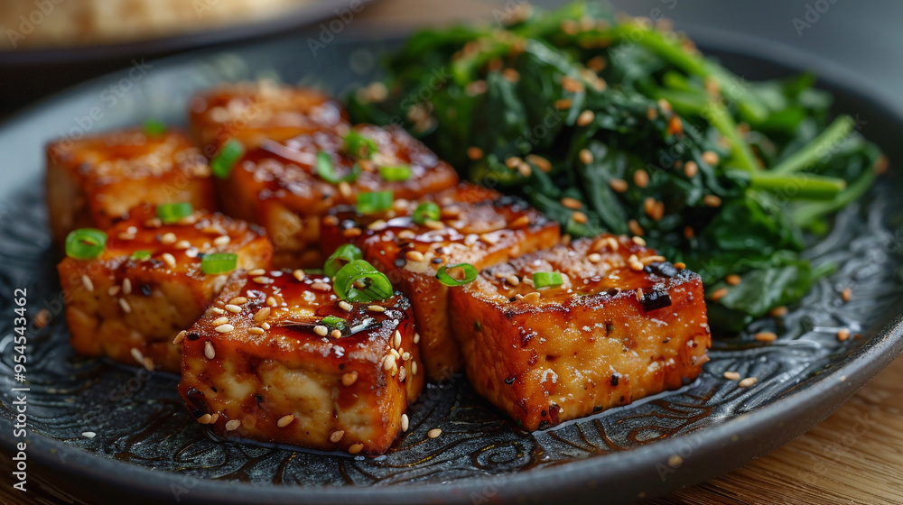 A plate of saut?(C)ed tofu cubes with a side of stir-fried spinach and sesame seeds, served on a sleek black plate. A plate of saut?(C)ed tofu cubes with a side of stir-fried spinach and sesame seeds, served on a sleek black plate.